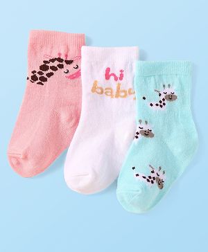 Cute Walk By Babyhug Anti-Bacterial Ankle Length Socks With Text & Aminal Design Pack Of 3 - Pink & Light Blue
