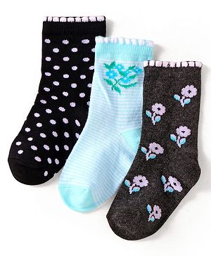 Cute Walk by Babyhug Knit Ankle Length Socks With Floral & Polka Dot Design Pack of 3 - Black & Blue