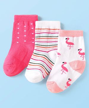 Cute Walk by Babyhug Knit Ankle Length Socks With Flamingo & Polka Dot Design Pack of 3 - White & Pink