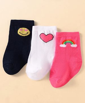 Cute Walk by Babyhug Knit Ankle Length Socks With Heart Design Pack of 3 - Dark Pink Black & White