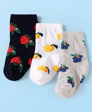 Cute Walk by Babyhug Knit Ankle Length Socks With Fruit Design Pack of 3 - Black White & Grey