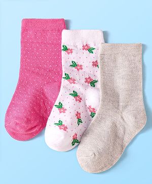 Cute Walk by Babyhug Anti-Bacterial Ankle Length Socks with Solid & Floral Design Pack of 3 - Dark Pink White & Grey