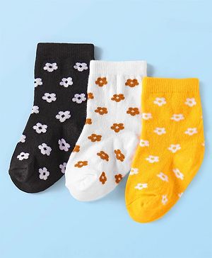 Cute Walk by Babyhug Knit Ankle Length Socks With Floral Design Pack of 3 - Black White & Yellow