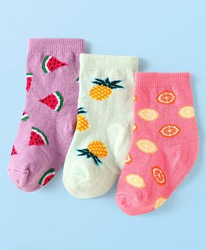 Cute Walk by Babyhug Knit Ankle Length Socks With Fruit Design Pack of 3 - Purple White & Dark Pink