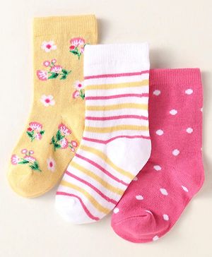 Cute Walk By Babyhug Anti-Bacterial Ankle Length Pack of 3 Socks With Floral Stripe & Polka Dot Print - White Pink & Yellow