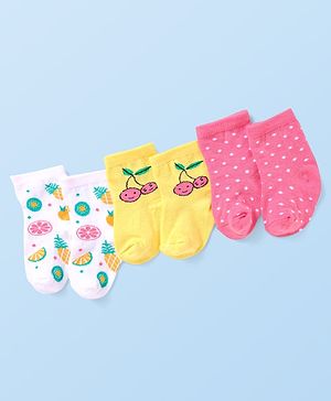 Cute Walk By Babyhug Anti-Bacterial Ankle Length Pack of 3 With Tropical & Polka Dot Print - Yellow White & Pink