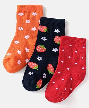 Cute Walk By Babyhug Cotton Knit Anti-Bacterial Ankle Length Socks With Fruit Polka Dot & Floral Design Pack Of 3 - Black Red & Orange