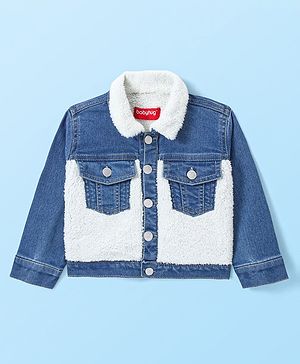 Babyhug Denim Washed Full Sleeves Jackets With Pockets  & Smiley Embroidery In Back - Navy Blue