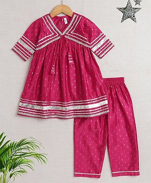 The Magic Wand Half Sleeves Lace Embellished Ethnic Motif Foil Printed Coordinating Kurta & Salwar Set - Fuchsia