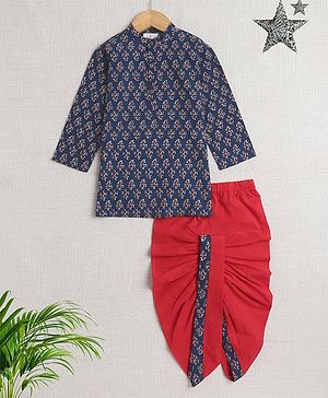 The Magic Wand Full Sleeves Ethnic Motif Printed Kurta With Dhoti Set - Navy Blue