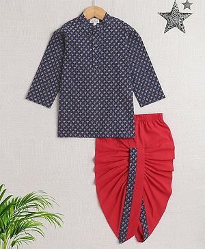 The Magic Wand Full Sleeves Ethnic Motif Printed Kurta With Dhoti Set - Navy Blue