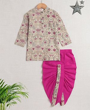 The Magic Wand Full Sleeves Floral Printed Kurta With Dhoti Set - Off White