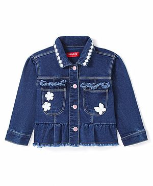 Babyhug Denim Washed Full Sleeves Jacket With Pockets & Floral Applique - Navy Blue