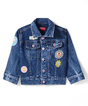 Babyhug Full Sleeves Washed Denim Jacket with Floral & Bear Print - Blue