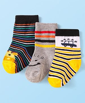 Cute Walk by Babyhug Knit Ankle Length Striped Socks With Vehicle Design Pack of 3 - Yellow Black & Grey