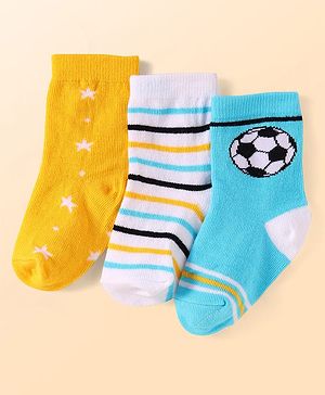 Cute Walk By Babyhug Anti-Bacterial Ankle Length Socks With Stripe & Star Design Pack Of 3 - Yellow & Light Blue
