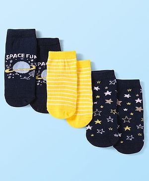 Cute Walk by Babyhug Knit Ankle Length Socks With Space Theme Design Pack of 3 - Yellow & Black