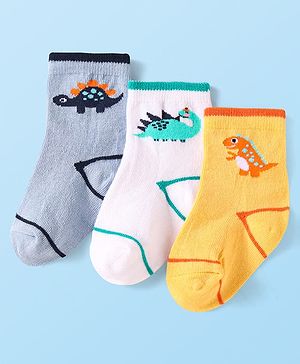 Cute Walk by Babyhug Knit Ankle Length Socks With Dino Design Pack of 3 - Yellow White & Grey