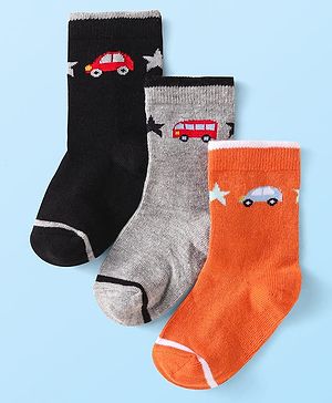 Cute Walk by Babyhug Knit Ankle Length Socks With Vehicle Design Pack of 3 - Black Grey & Orange