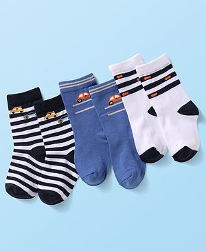 Cute Walk by Babyhug Knit Ankle Length Socks With Vehicle Design Pack of 3 - White Black & Blue