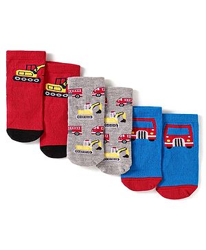 Cute Walk by Babyhug Anti-Bacterial Ankle Length Socks with Car & Truck Design Pack of 3 - Blue Red & Grey