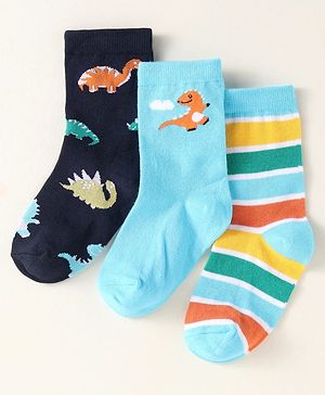 Cute Walk by Babyhug Knit Ankle Length Socks With Dino Design Pack of 3 - Light Blue & Black
