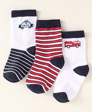 Cute Walk by Babyhug Knit Ankle Length Striped Socks With Vehicle Design Pack of 3 - White Red & Black