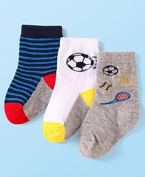 Cute Walk by Babyhug Knit Ankle Length Socks With Sports Theme Design Pack of 3 - White Black & Grey