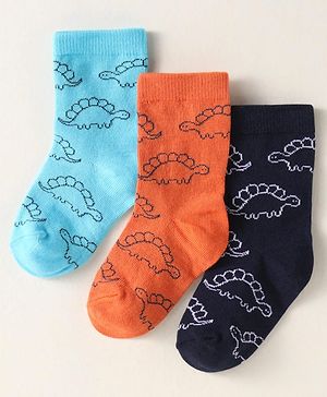 Cute Walk By Babyhug Anti-Bacterial Ankle Length Pack of 3 With Dino Print - Brown & Navy Blue
