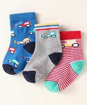 Cute Walk By Babyhug Anti-Bacterial Ankle Length Pack of 3 With Vehicle Print - Grey Blue & Red