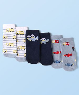 Cute Walk by Babyhug Knit Ankle Length Anti Bacterial Socks with Vehicle Design Pack of 3 - Navy Blue White & Grey