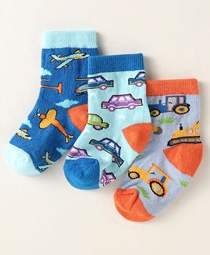 Cute Walk By Babyhug Anti-Bacterial Ankle Length Pack of 3 With Vehicle Print - Grey Blue & Navy Blue