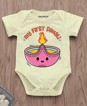 KNITROOT Diwali Theme Half Sleeves My First Diwali Text Printed Onesie - Yellow