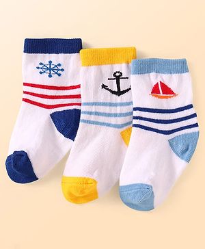 Cute Walk By Babyhug Anti-Bacterial Ankle Length Socks With Beach Design Pack Of 3 - White Blue & Yellow