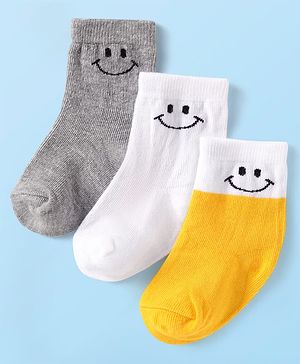 Cute Walk By Babyhug Cotton Knit Anti-Bacterial Ankle Length Socks With Smiley Design Pack of 3 - Yellow White & Grey
