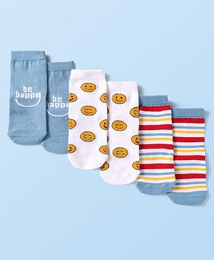 Cute Walk by Babyhug Knit Ankle Length Socks With Stripes & Text Design - Blue & White