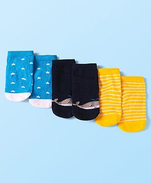 Cute Walk by Babyhug Knit Ankle Length Socks With Whale & Star Design Pack of 3 - Blue Black & Yellow
