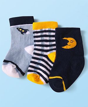 Cute Walk by Babyhug Knit Ankle Length Socks With Space Theme Design Pack of 3 - Grey Yellow & Navy Blue