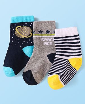Cute Walk by Babyhug Knit Ankle Length Socks With Space Theme Design Pack of 3 - Grey Black & Yellow