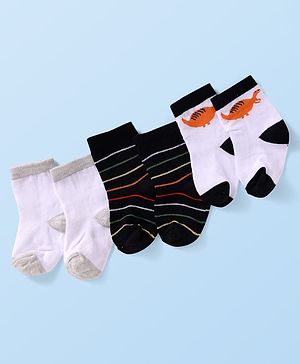 Cute Walk by Babyhug Knit Ankle Length Socks With Dino Design Pack of 3 - White & Black