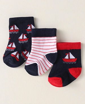 Cute Walk By Babyhug Anti-Bacterial Ankle Length Pack of 3 Socks With Nautical Theme Print - Red & Navy Blue