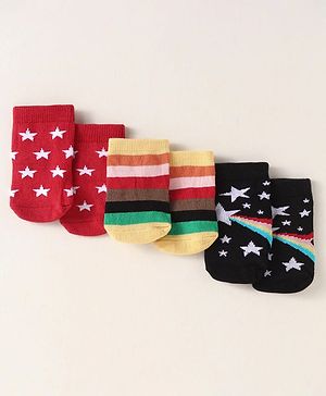 Cute Walk by Babyhug Anti-Bacterial Ankle Length Socks with Striped & Star Design Pack of 3 - Red & Black