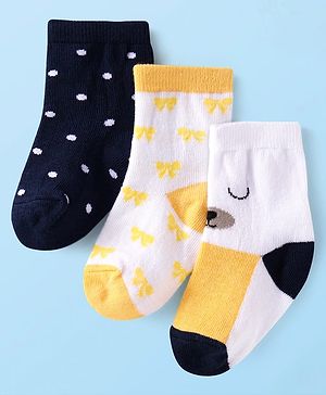 Cute Walk by Babyhug Knit Ankle Length Socks With Polka Dot & Animal Design Pack of 3 - Navy Blue White & Yellow