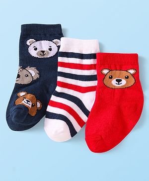 Cutewalk By Babyhug Cotton Knit Anti-Bacterial Ankle Length Socks With Animal Design Pack of 3 - Red & Navy Blue
