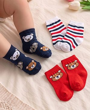 Cutewalk By Babyhug Cotton Knit Anti-Bacterial Ankle Length Socks With Animal Design Pack of 3 - Red & Navy Blue