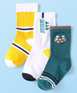 Cute Walk By Babyhug Cotton Knit Anti-Bacterial Ankle Length Socks With Dino Design Pack of 3 - White Green & Yellow