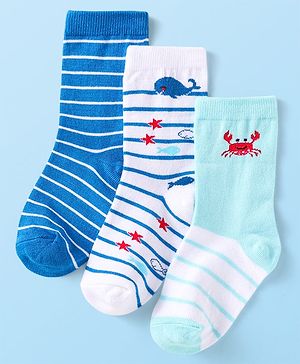 Cute Walk By Babyhug Cotton Knit Anti-Bacterial Ankle Length Socks With Stripe & Ocean Design Pack of 3 - Blue & White