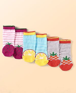 Cute Walk By Babyhug Cotton Knit Anti-Bacterial Ankle Length Socks With Fruit Design Pack of 3 - Pink & Blue