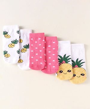 Cute Walk by Babyhug Knit Ankle Length Anti-Bacterial Socks with Polka Dot & Pineapple Design Pack of 3 - White & Dark Pink