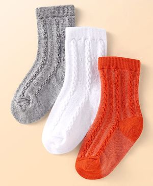 Cute Walk by Babyhug Knit Ankle Length Solid Colour Socks With Cable Knit Design Pack of 3 - White Grey & Orange